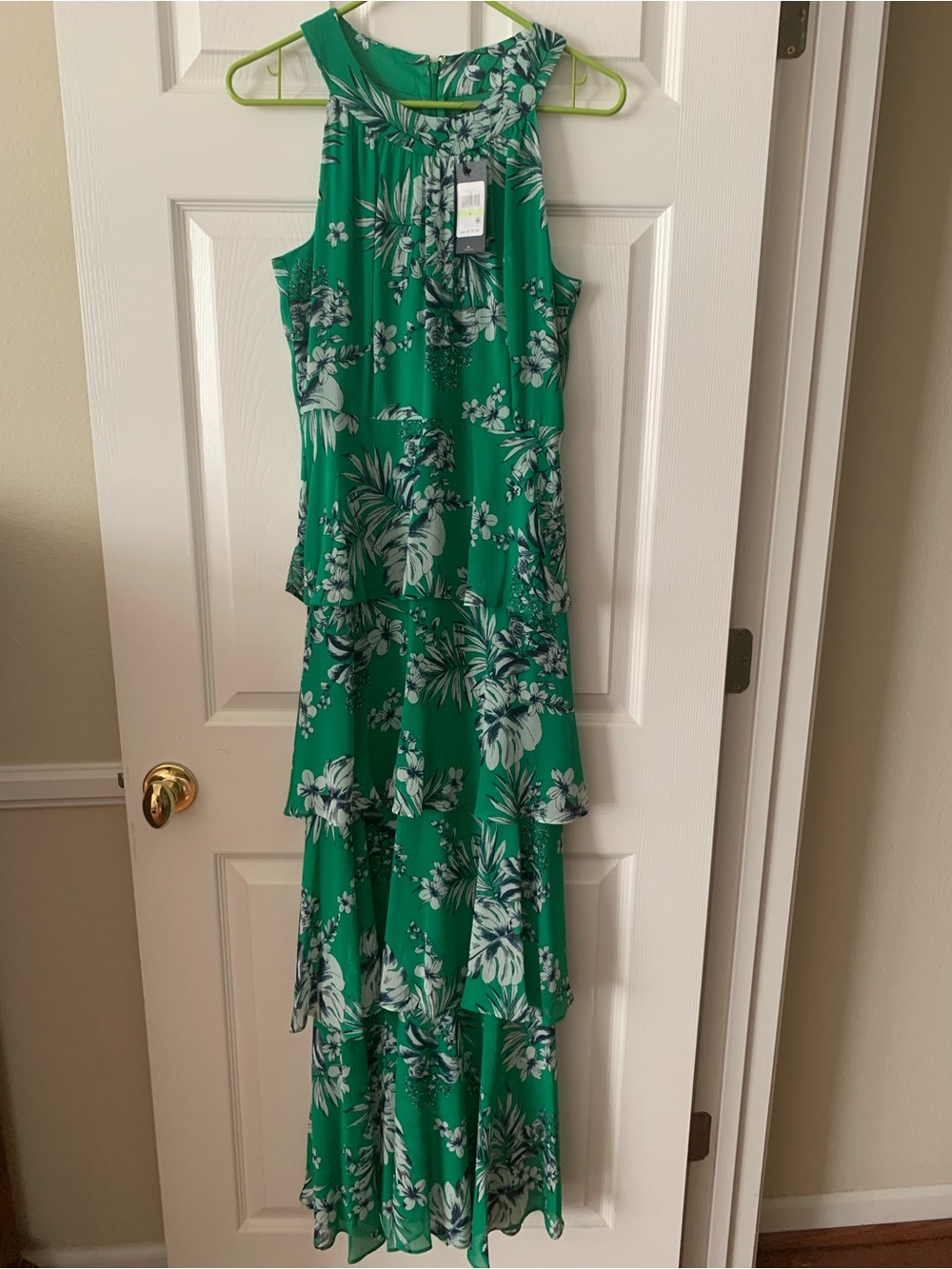 NWT Tommy Hilfiger Dress: Green/White Floral Chiffon, Maxi, Ruffles Sleeveless 4